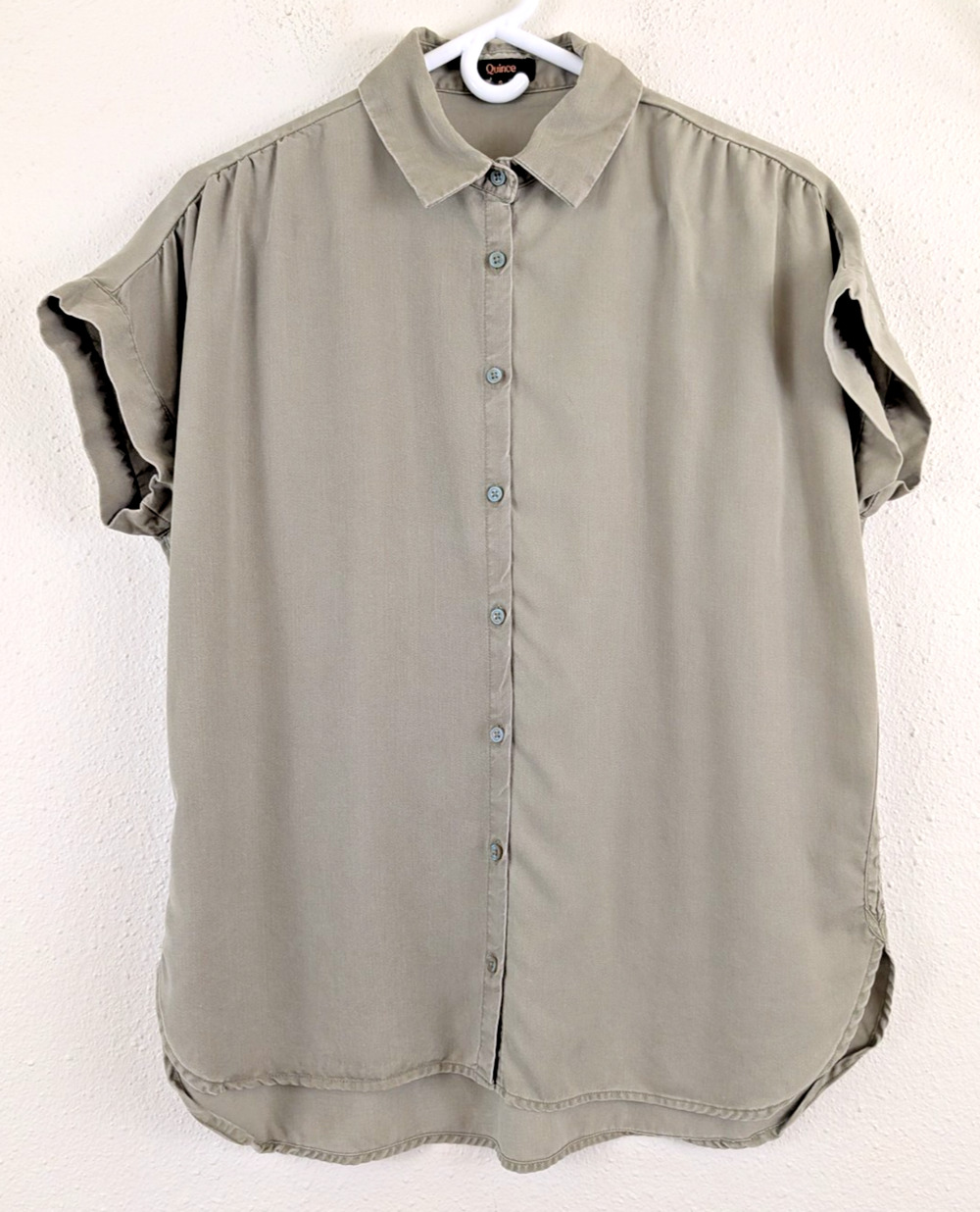 Quince sz S Shirt buttons short sleeves army green 100% lyocell top 0943